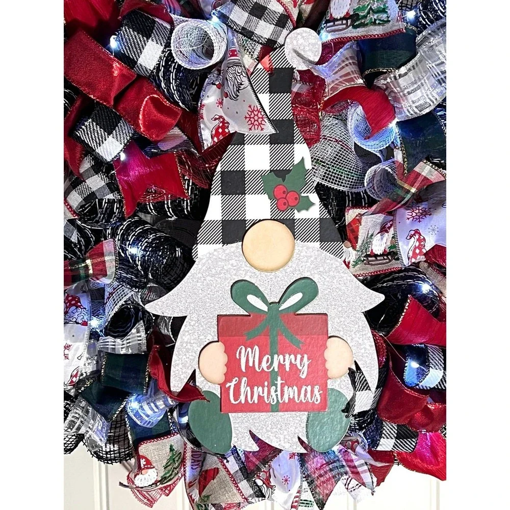 Handmade Merry Christmas Gnome Holiday Ribbon Door Wreath 22 ins W48